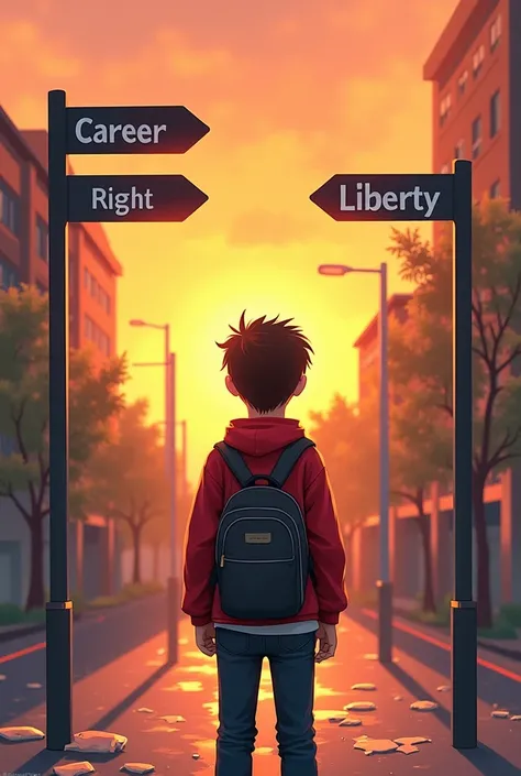  a boy standing at a crossroads .  He is wearing a red jacket and carrying a backpack ,  as if it were confusion or considering which direction to take.

 At the intersection ,  there are two signboards .  The left side board reads  "Career "  leading to t...