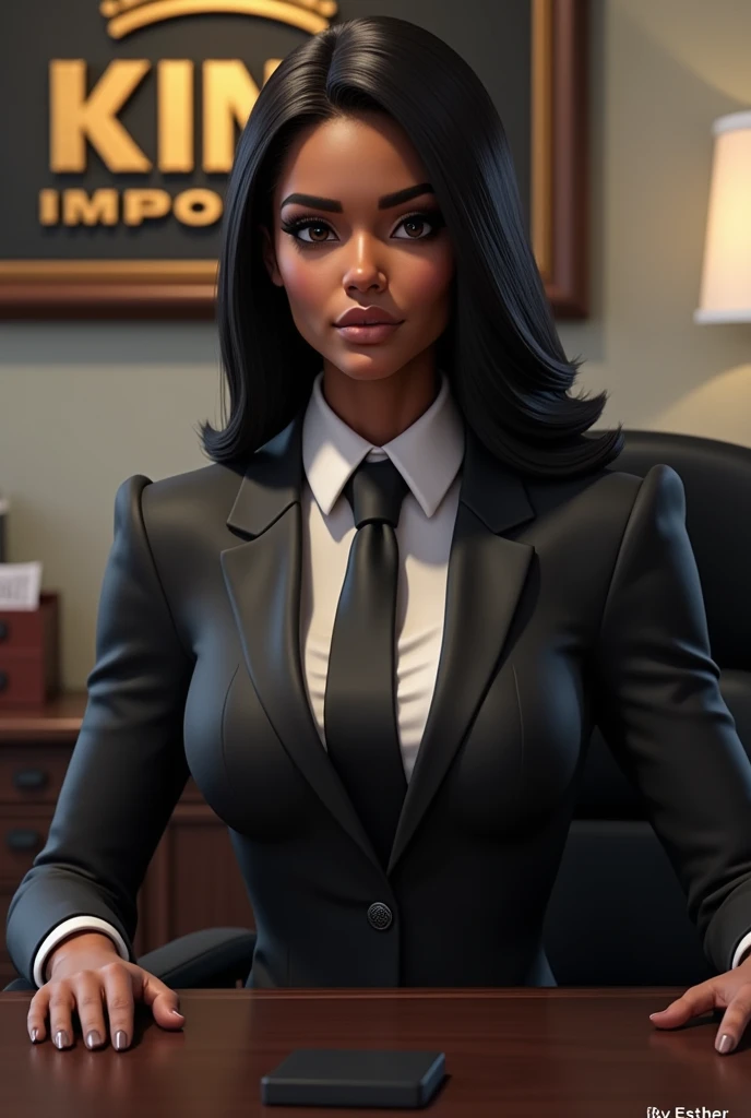 Create an executive 
Muscular bodybuilder style in a suit and tie sitting in an office on the wall written King Imports on the table written by Esther black hair mulatto skin striking 

Female version 