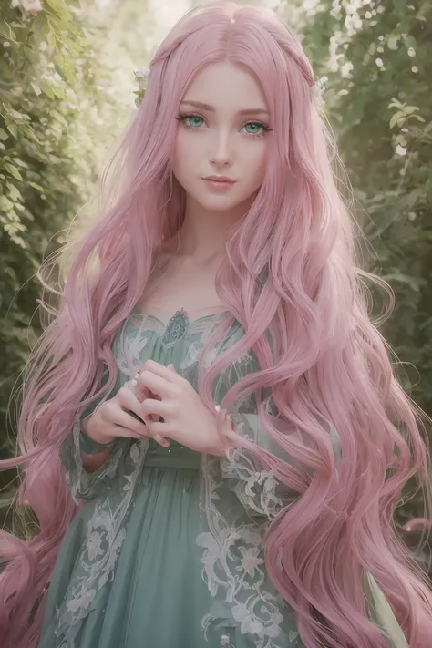 a woman with long flowing pink hair, beautiful detailed eyes, beautiful detailed lips, beautiful detailed face, long eyelashes, serene expression, gazing at the horizon, vibrant green eyes, air of purity and tranquility, small smile, hair blowing in the wi...