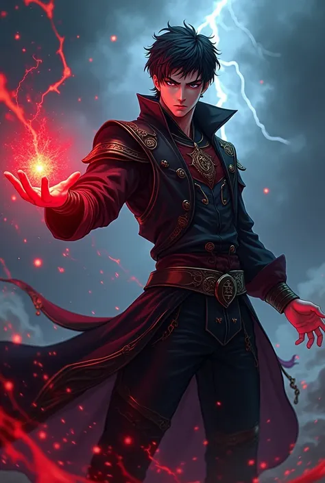 a person with a red light on their hand, handsome guy in demon slayer , the style arcane, caleb from critical role, storm blessed, mage, arcane from , young shadow mage male,  wizard casting a spell,  زي خيالي محارب جلدي من العصور الوسطى، 