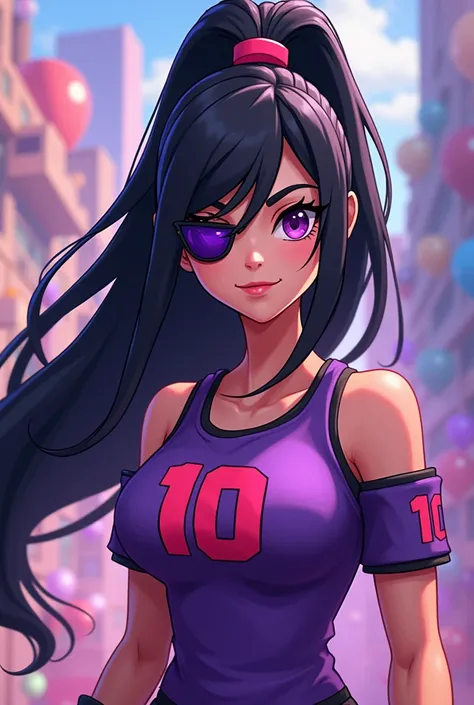 Free Fire character in Cartoon version , drawn style, with her hair tied in a ponytail,  black hair ,  an eye patch on both sides of the eyes, purple,  team color with the number 10 in red .