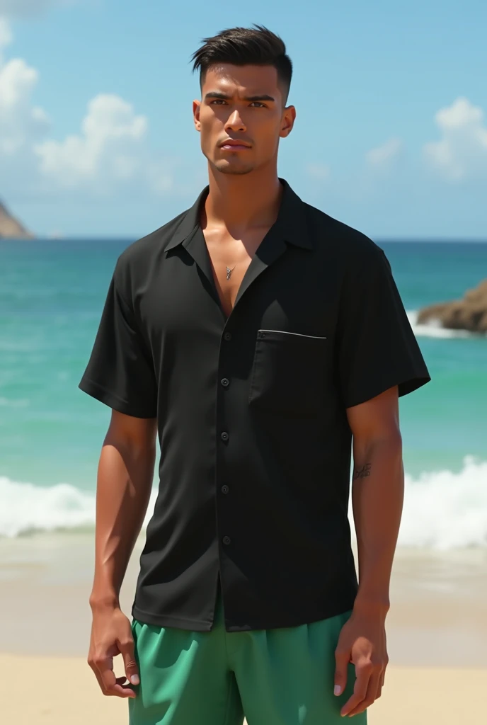  Tall young gentleman with a not very pronounced white band, Brazilian,  delgado,small eyes, low haircut, dressed in a black beach shirt and green shorts 
