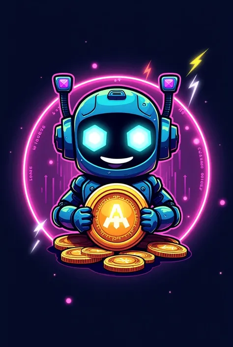 Create a vibrant and eye-catching logo for a crypto AI coin meme. The logo should feature a futuristic and playful design, combining elements of artificial intelligence and cryptocurrency. Imagine a friendly robot character with expressive LED eyes, holdin...