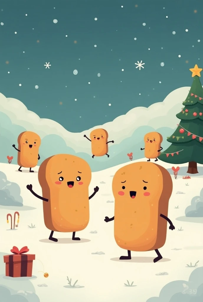  I need to create a Christmas background and on top of that , Add six large loaves of bread in cartoon form. This design should be simple ,  without much detail but professional .
