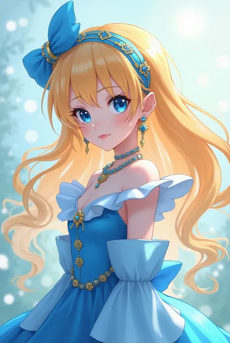 Cute Blonde Anime Princess Maria Robtink with blue eyes wearing a blue headband and wearing a Blue Dress with a Massive Popped Collar taller than her head