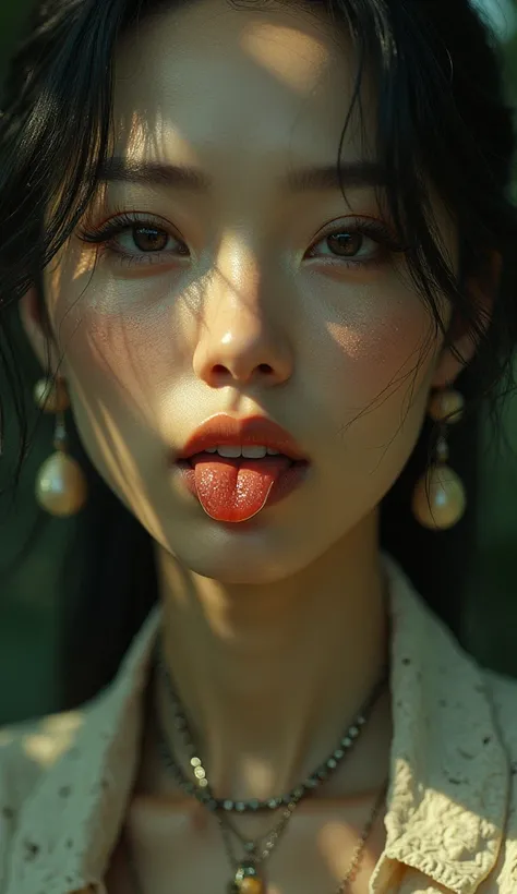 Medium Close-up shot, Surreal style, fantasy creature,
a photorealistic, A surreal image of a malay woman with a forked tongue, blending human beauty with reptilian characteristics in a striking and otherworldly scene, detailed texture, rim lighting, Dappl...