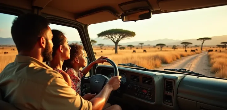 African family safari in the savannah, dad is driving, mum and two s peeping through the sunroof. highly detailed background, ultra realistic, 100mm, depth of field