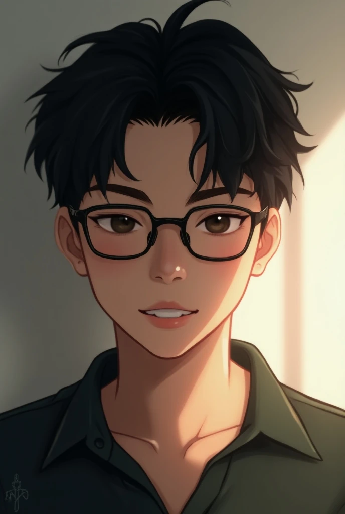 (muste piece), (highest quality), very detailed, (1 boy:1.4), concentrated，perfect face, beautiful face, very detailed，mature face,with Specs ,Light，(smile:1.3)，(black haired boy:1.4)