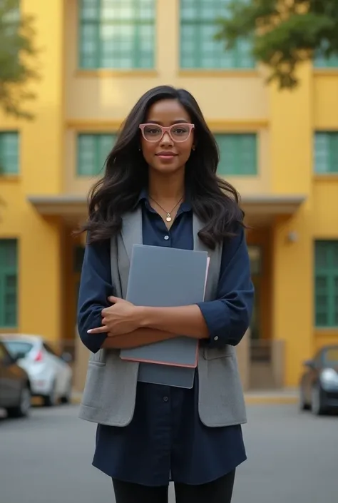  You can generate an image showing a woman standing in front of a 30-year-old building whose hair should be quite long up to the wavy waist, with light pink reading lenses with dark brown skin a nose similar to Rianas half-round face   . He wears a navy bl...