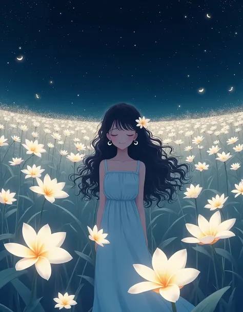  1girl, Solo, High Resolution, Masterpiece, Accurate, Best Quality, Award Winning, Long Hair, Black Hair, Curly Hair, Crescent Earrings, Closed Eyes, Light Smile, Tearing Up, POV, Multiple Views, Hair Flower, Sparkle, Bloom, Blending, standing in the middl...