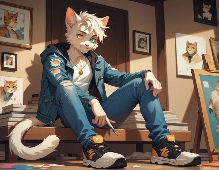 ( alone), male anthropomorphic cat,  white fur , Cat&#39;s Eye, cat eyes , Heterochromia, Heterochromatic Eyes , Iris color , Yellow eyes, Green Eyes, teenager, thin, slim, Denim jacket, jeans, Canvas shoes