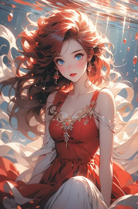 This image depicts a girl with bright blue eyes in an underwater scene, her shiny red hair flowing freely and surrounded by tiny particles of light and bubbles. The woman is wearing a red dress with red shoulders that appears to be made of loose, delicate ...