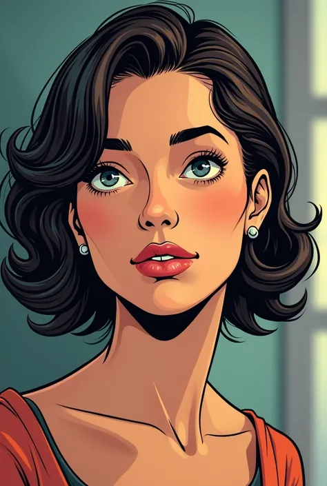 DISCREET image. image adult woman, american, comic book style. distracted thinking. with a discreet smile. FOCUS ONLY ON THE FACE.