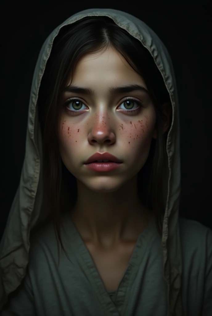 Create a realistic portrait of a young woman with an intense, emotional expression. She has a distressed and vulnerable look, with noticeable scratches and marks on her cheeks, symbolizing hardship. Her large, expressive eyes are slightly watery, showing d...