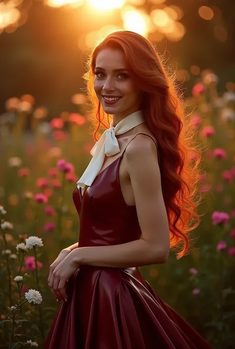 gorgeous happy woman with long wavy red hair (wearing a maroon leather wedding gown:1.15), ((white bowtie:1.14)), gorgeous eyes, slim body, happy, smile, sexy, perfect make-up, cinematic, realistic, high contrast, visually rich, photogenic, flirty, HDR, UH...