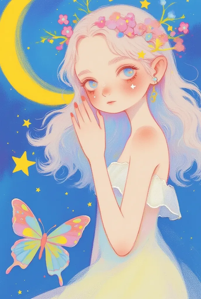 (masterpiece,  is the best quality:1.2),  colored pencil drawing, sketch,    dream illustration soft cute anime illustration, Lowe style, Fantasy art style,  blurred and dreamy illustration。couple，Butterfly，moon，Star