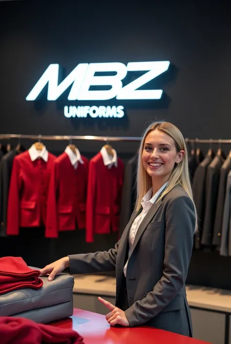  PHOTO INSIDE THE FUTURISTIC LARGE STORE OF THE COMPANY MBZ UNIFORMS . BALOES DE FESTA ESCRITO BLACK FRIDAY 2024. ON THE WALL MUST HAVE THE MBZ LOGO HIGHLIGHTED AND THE WORD UNIFORMS BELOW ,  THERE MUST APPEAR A DESK WITH SEVERAL SCHOOL UNIFORMS IN RED AND...