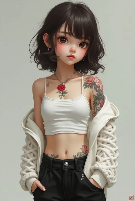 Image of my , short girl 1 .50 cm, diamond-shaped face , big dark brown eyes , wavy hair on the shoulder dark brown color , semi-slim build with white top , white mesh hoodie , black pants, cherry booties tattoo on the chest to the shoulder of a rose, tatt...