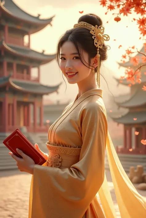 Chinese woman, gold hanfu, Pagoda, hairpin, smiling, holding little red book