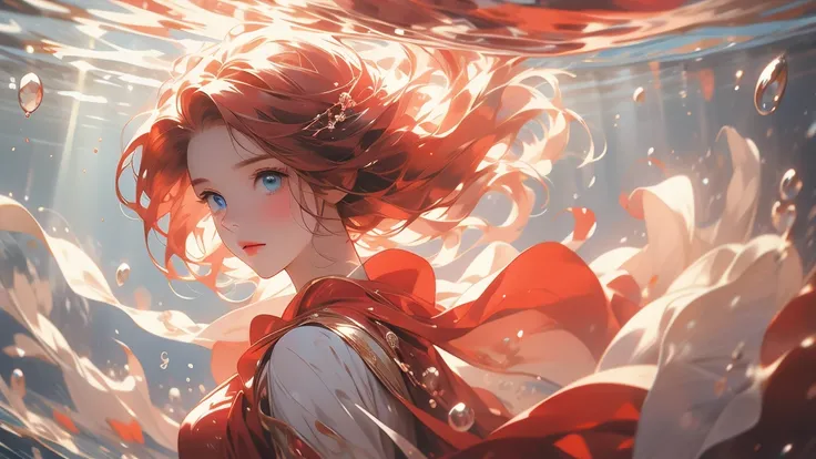 This image depicts a girl with bright blue eyes in an underwater scene, her shiny red hair flowing freely and surrounded by tiny particles of light and bubbles. The woman is wearing a red dress with red shoulders that appears to be made of loose, delicate ...