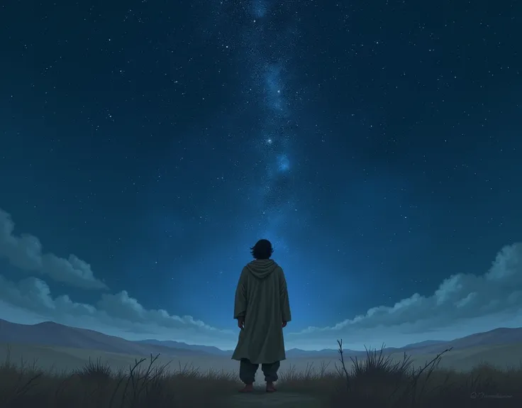 Imagine a person,  maybe dressed in simple old clothes , looking at the night sky. In the background, the sky is full of stars, and the person is in a quiet environment ,  maybe in an open field or a desert landscape,  to reflect the biblical context of Ab...