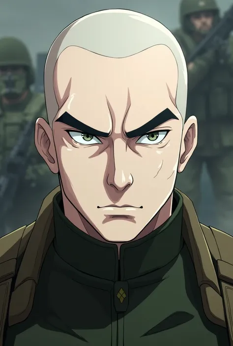 Make an anime character,  military style haircut (half bald) square chin,  thick eyebrows , not so big ear ,white pele 