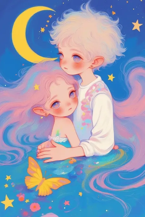 (masterpiece,  is the best quality:1.2),  colored pencil drawing, sketch,    dream illustration soft cute anime illustration, Lowe style, Fantasy art style,  blurred and dreamy illustration。couple，Butterfly，moon，Star