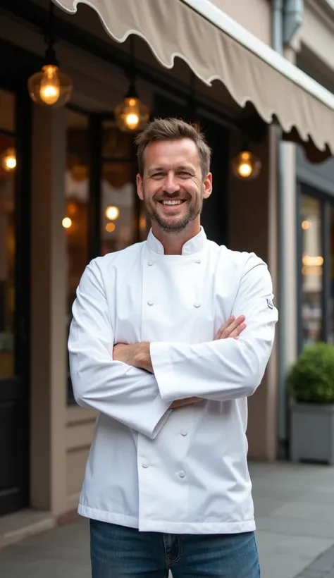 Chef Jack, a friendly-looking man in his mid-30s, standing outside the restaurant with a proud smile