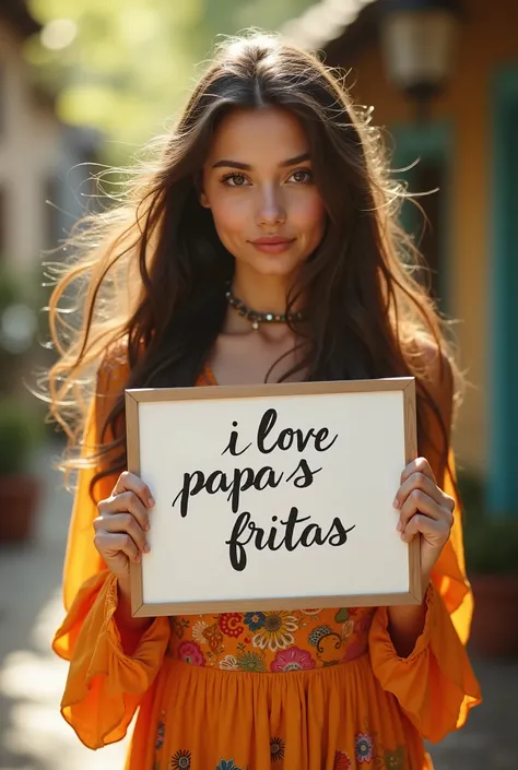 Beautiful girl with wavy long hair, bohemian dress, holding a white board with text "I Love Papas Fritas" and showing it to the viewer