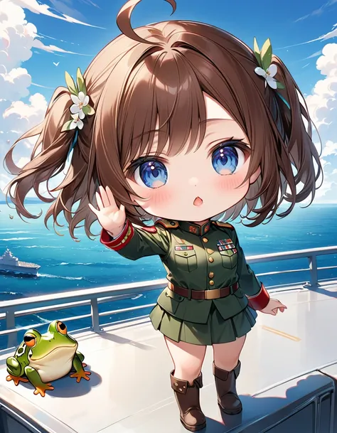 ((Stand up straight and salute:1.5))、(( one girl :1.5)、((Chibi Girl:1.5)))、 Kindergarten Mother:1.5、 best quality、 Hi-Res、 detailed background 、 beautiful face down to the smallest detail 、 anatomically correct、detailed expression、fine grain、((whole body, ...