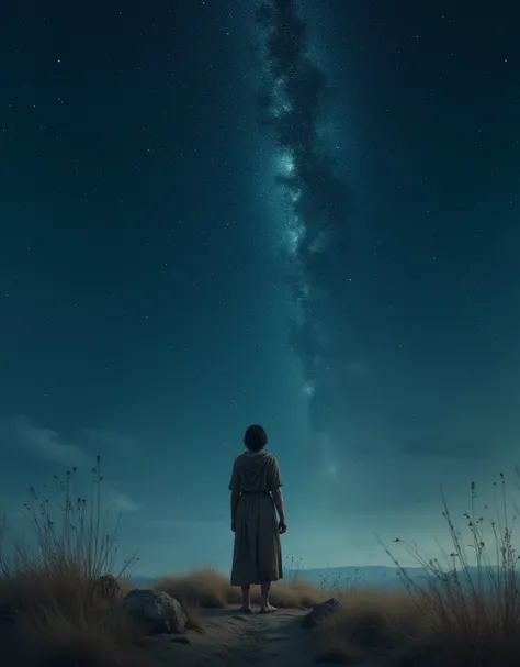 Imagine a person,  maybe dressed in simple old clothes , looking at the night sky. In the background, the sky is full of stars, and the person is in a quiet environment ,  maybe in an open field or a desert landscape,  to reflect the biblical context of Ab...