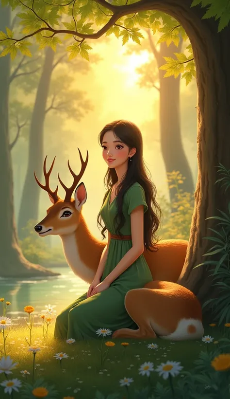 A 22-year-old girl, tall (59"), with long dark brown hair and bright, compassionate eyes. She has a graceful and confident posture, symbolizing her connection to nature. Nora wears a simple green knee-length dress with a shawl draped over her shoulders. He...