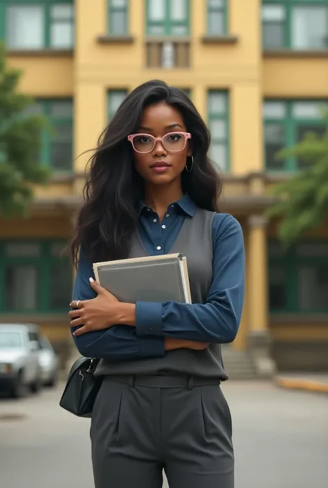  You can generate an image showing a woman standing in front of a 30-year-old building whose hair should be quite long up to the wavy waist, with light pink reading lenses with dark brown skin a nose similar to Rianas But more pronounced half-round face  ....