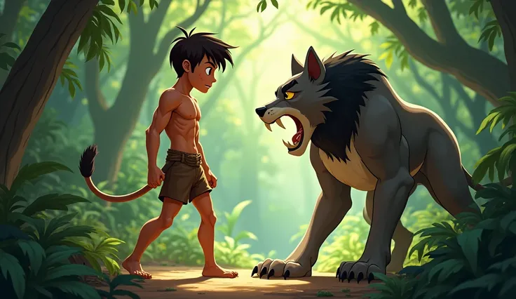 Mowglis Courage

Maugli stands in front of a predator, determined in his eyes, and tells the hunter that the forest is their home.
Estilo de cartone 3D