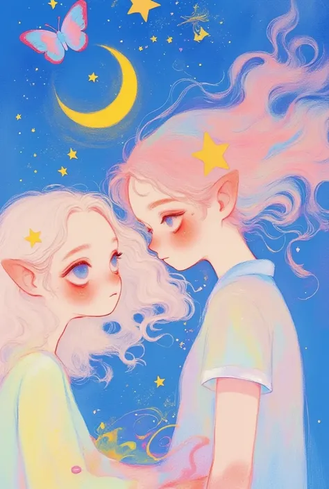 (masterpiece,  is the best quality:1.2),  colored pencil drawing, sketch,    dream illustration soft cute anime illustration, Lowe style, Fantasy art style,  blurred and dreamy illustration。couple，Butterfly，moon，Star，Romantic atmosphere