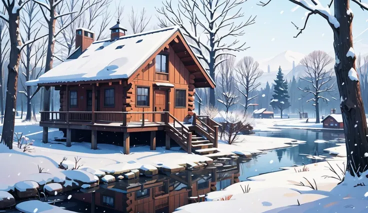 A log house
A weakened tree
Waterfront
Midwinter
Footprints
Snow falls from the branches
Reflected on the water
超高精細,,  anime style, Ghibli style color, 