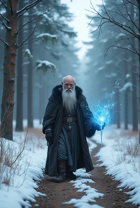 
a hairless old man with a long beard dressed in winter clothes with ice powers walking down a road in the middle of the woods