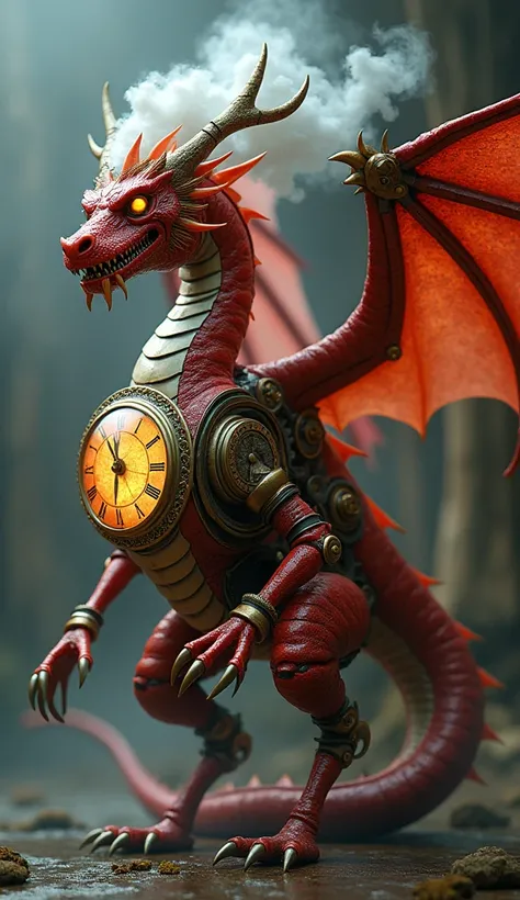 "A hybrid creature combining a clock and a dragon. The dragon’s body is made of metallic clock gears and brass plates, its wings formed of ticking, spinning clock hands. Its eyes glow like the glowing numerals on a clock face, and every breath it exhales i...