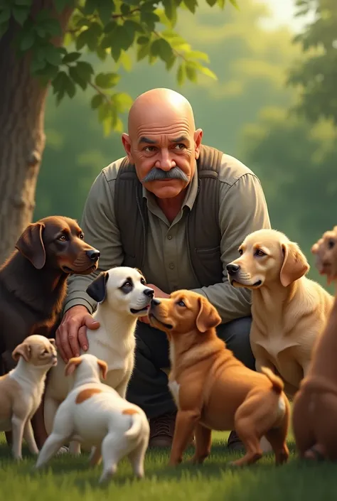 Un homme chauve avec une petite moustache grise qui nourris diverses races de chiens 