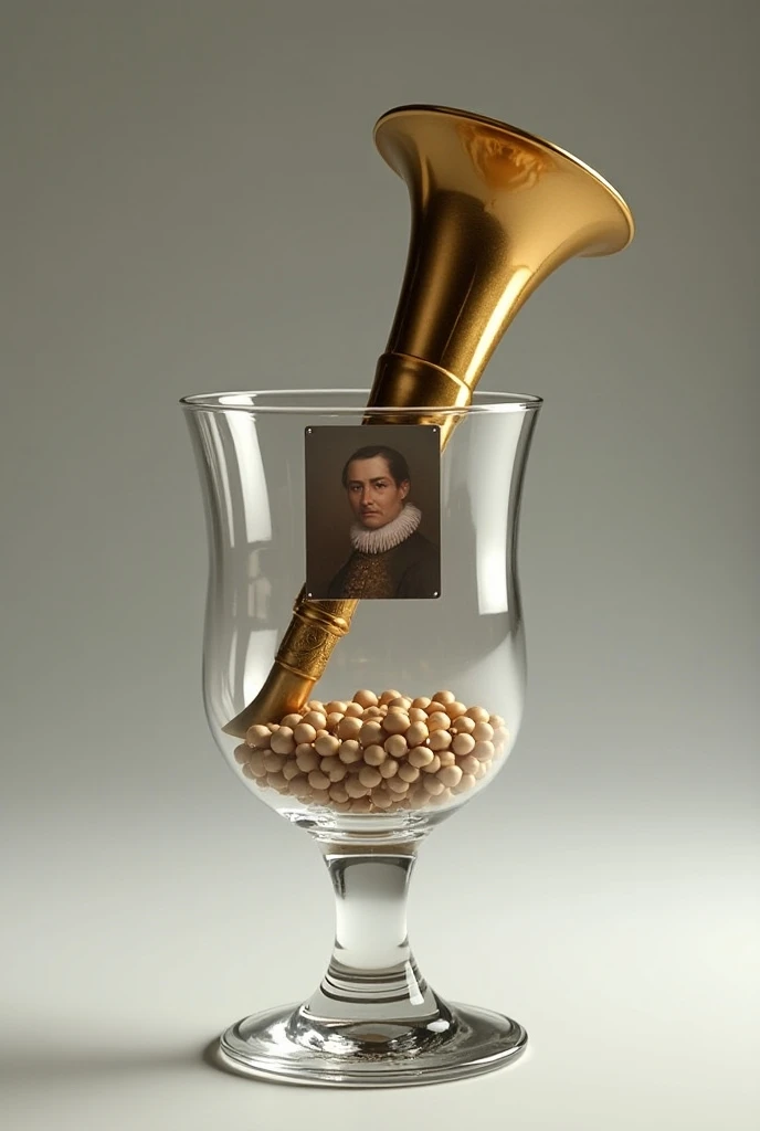 A glass cup with a bugle and Simon Bolivar