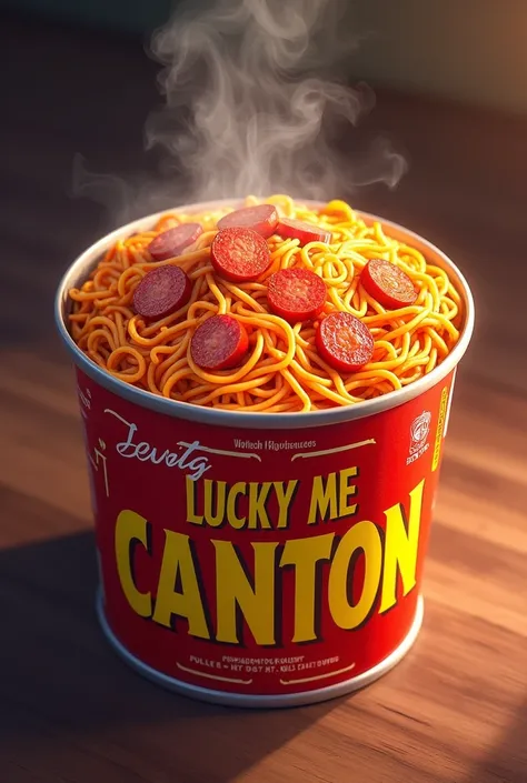 make a picture of a pancit Canton inside a can the brand name is lucky me pancit canton extra spicy chilli mansi with hotdog 