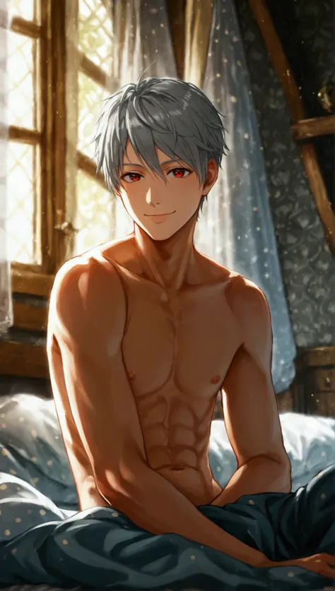 Young naked short grey haired red eyes guy, proud of himself, full body view, bedroom background, hot, cheeky bad boy smile, Hetalia Prussia, bad boy.