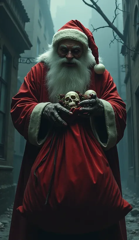  A sinister figure of Santa Claus , macabre-looking ,  with a crooked smile and empty eyes .  He holds a large red bag ,  that seems to be filled with something dark and scary .  The bag is partially open ,  revealing broken toys and human bones . The surr...