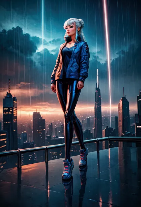 score_9, score_8_up, score_7_up, Cyberpunk cityscape at dawn, protagonist standing on a skyscraper rooftop, neon lights fading, futuristic skyscrapers with giant holograms, airships in the distance — cinematic anime style, rain reflections, vibrant colors....