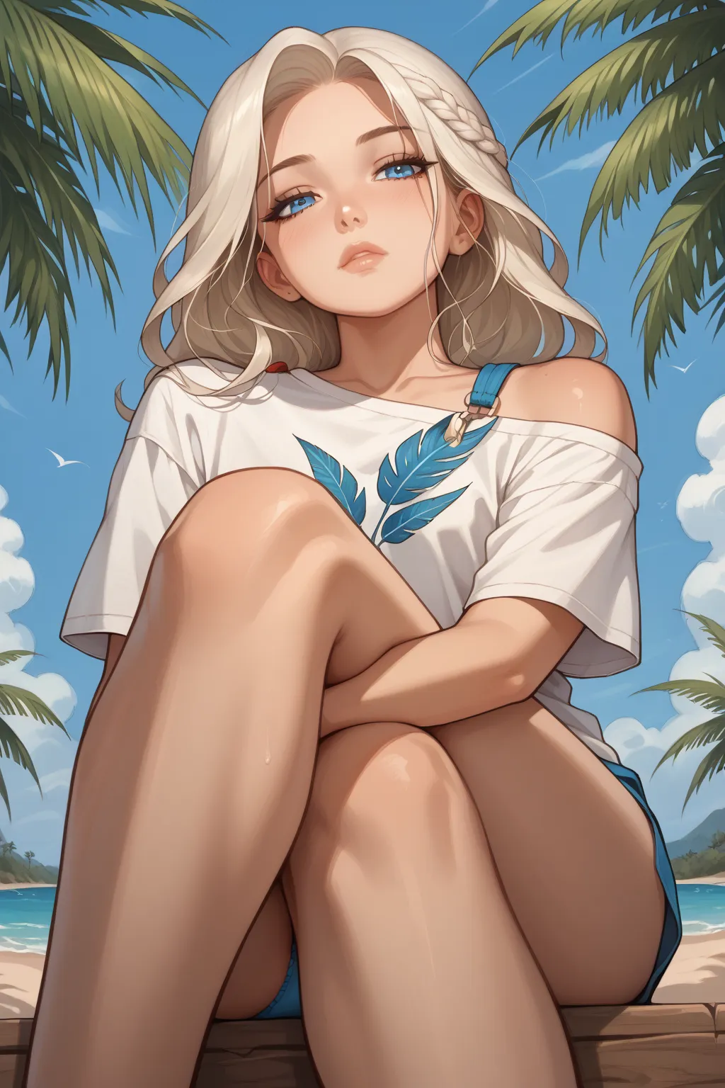 score_9, score_8_below,1 , alone, ((  white sleeved shirt ,an exposed shoulder  + blue panties))),   long blond hair ,blue eyes,...