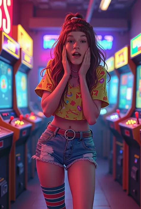 A 18 year old girl dressed in 80s style clothing screaming in a 80s style arcade with her hands on her face 