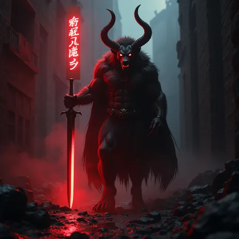 Fashion Editoral photo A wolf-like demon with huge horns and a huge top, holding a sword, reigns in the utter darkness of Hell, with NA4E written in red neon.