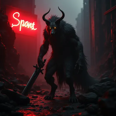 Fashion Editoral photo A wolf-like demon with huge horns and a huge top, holding a sword, reigns in the utter darkness of Hell, with NA4E written in red neon.