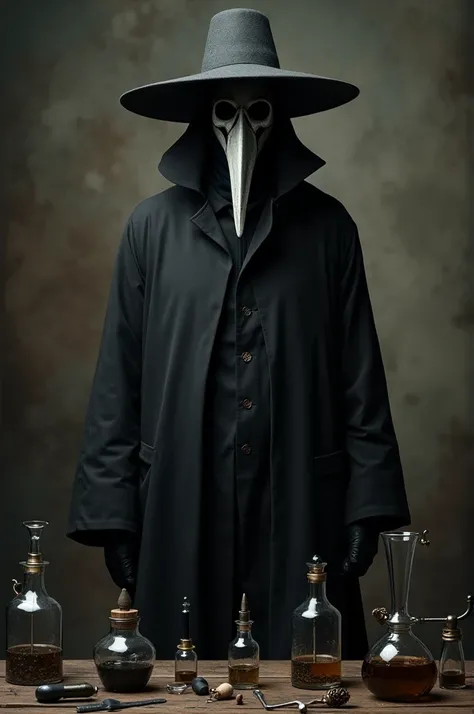  A doctor in black clothes and a mask of the Black Death, and a hat,  with vials in front of him  