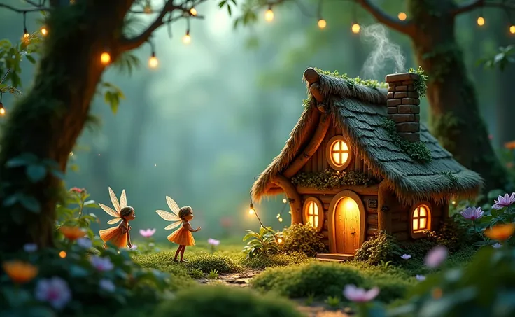 glimmer forest, bright, cozy, fairy, warm, shine, wet, mini house, light, christmas, dark
